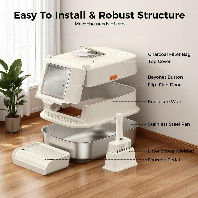 【For Big Cats】Extra Large Stainless Steel Cat Litter Box with Lid XL Enclosed Metal Litter Box for Large Cats, Features High Sidewalls, Removable Cover, Leak-Proof, Non-Stick, Easy to Clean, Beige Color
