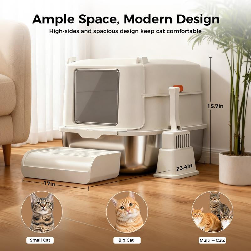 【For Big Cats】Extra Large Stainless Steel Cat Litter Box with Lid XL Enclosed Metal Litter Box for Large Cats, Features High Sidewalls, Removable Cover, Leak-Proof, Non-Stick, Easy to Clean, Beige Color
