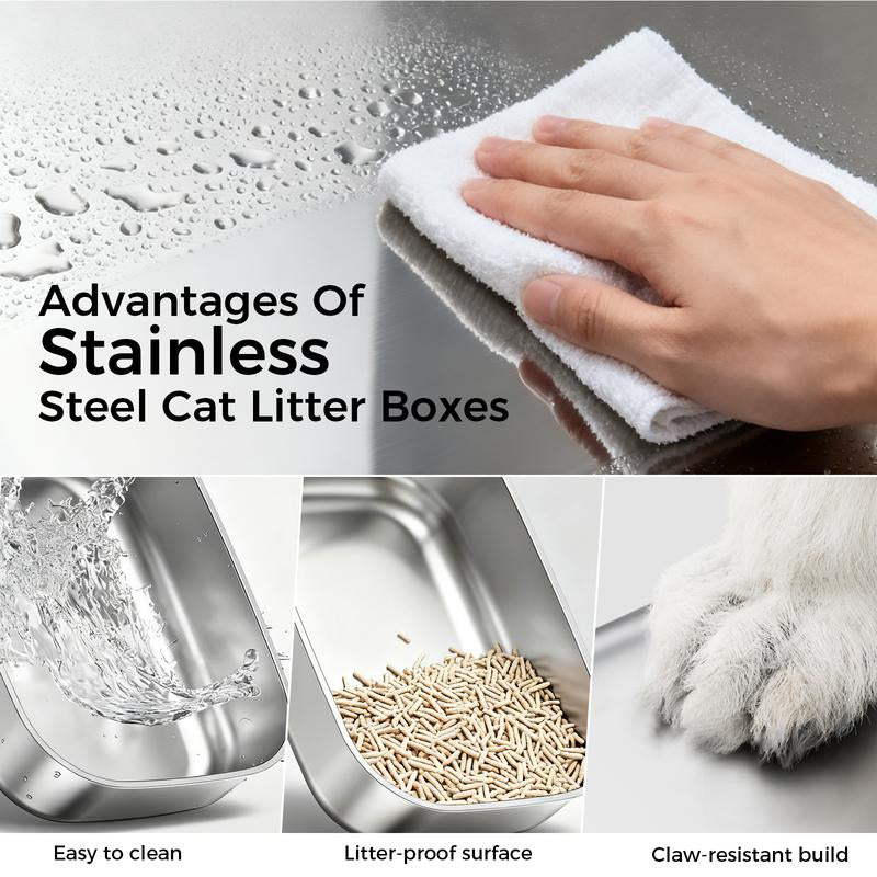 【For Big Cats】Extra Large Stainless Steel Cat Litter Box with Lid XL Enclosed Metal Litter Box for Large Cats, Features High Sidewalls, Removable Cover, Leak-Proof, Non-Stick, Easy to Clean, Beige Color